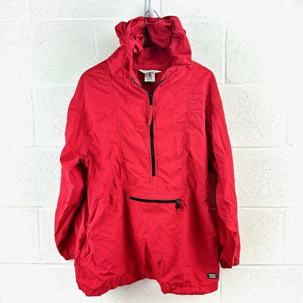 Vintage LL Bean Windbreaker Hooded Jacket Pullover Red Freeport Maine Kids Sz XL